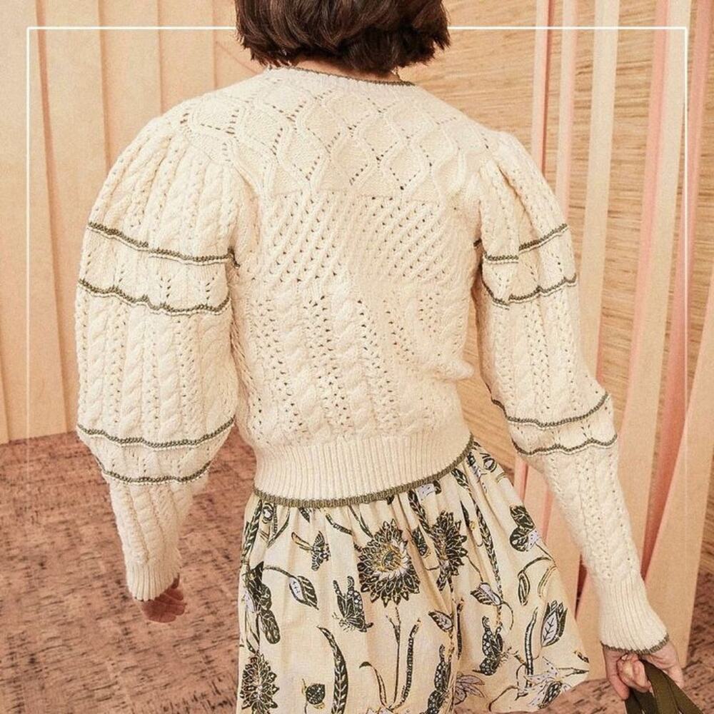 Ulla Johnson Top Sweater‎ Joleigh Cable Knit Ivory Green Chunky Puff Sleeve S - Picture 2 of 11
